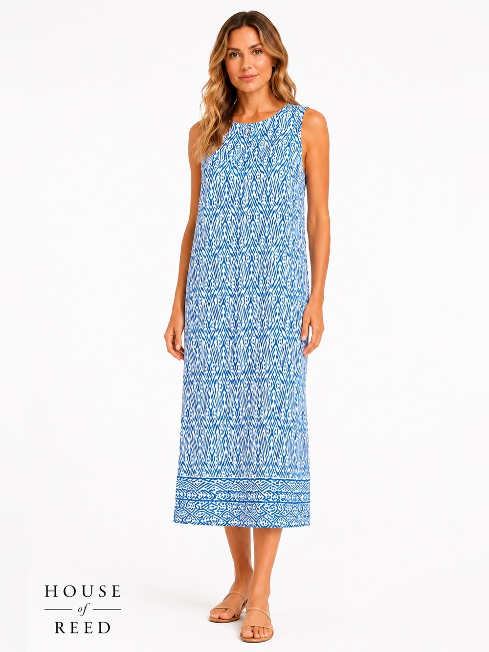 Coolibar UPF 50+ Sleeveless Blue White Resort Travel Midi Dress Size Large